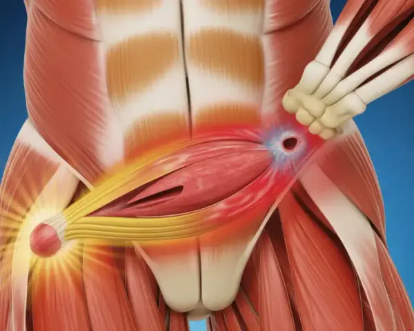 Anatomie montrant une déchirure abdominale, avec des zones rouges indiquant la douleur et l'inflammation. Symptômes d'une déchirure abdominale.