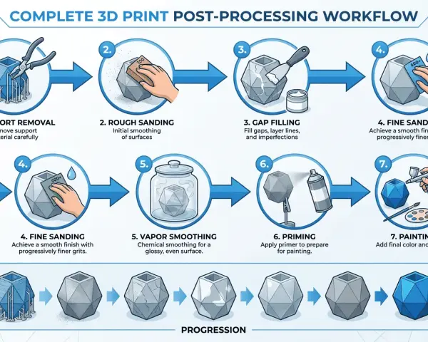 Workflow for 3D printing post processing: support removal, rough and fine sanding, gap filling, vapor smoothing, priming, and painting for a perfect finish.