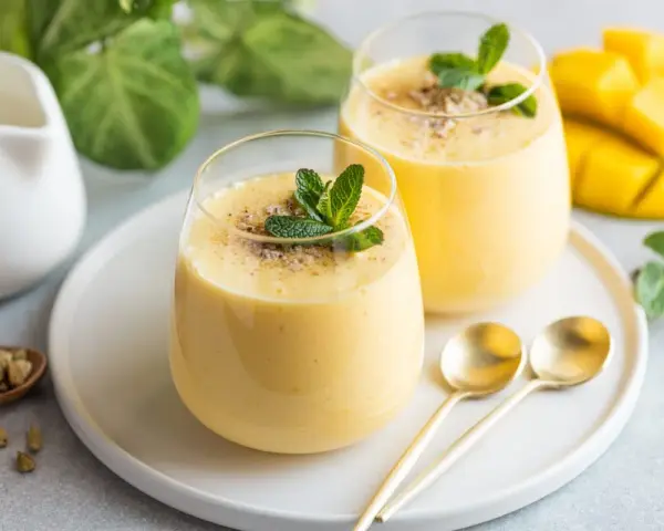 Dwa szklanki gęstej, kremowej pulpy mango, ozdobione listkami mięty i posypką. Obok świeży, pokrojony owoc mango.