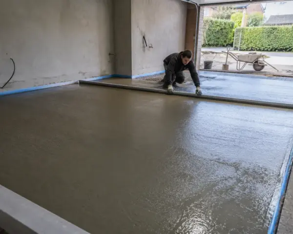 Pracownik wyrównuje świeżą wylewkę pod taras na gruncie, przygotowując solidną podstawę.