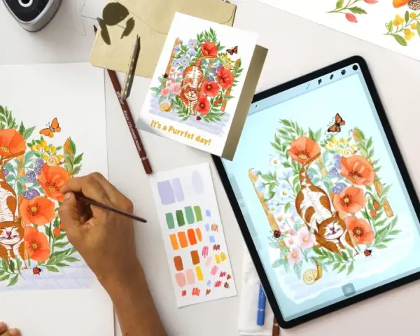 Ilustración de un gato entre flores, creada con gouache. Se ve el proceso en papel y en tablet.