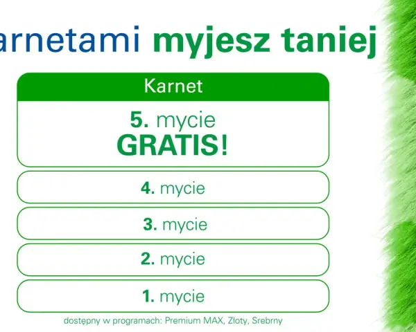BP myjnia cennik: karnet na 5 myć, piąte gratis! Dostępny w programach Premium MAX, Złoty, Srebrny.
