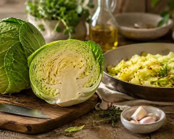 Cavolo cappuccio intero e tagliato a metà, con un contorno di cavolo cappuccio saltato in padella, aglio, limone e erbe aromatiche.
