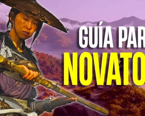 Guía para novatos de Ghost of Yotei. Un samurái con sombrero de paja y armadura morada sostiene una katana dorada en un paisaje montañoso.