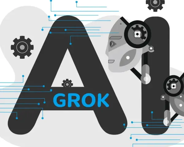 Grafika przedstawia litery "AI" z robotycznymi twarzami i zębatkami. W środku litery "A" widnieje napis "GROK", sugerujący, że to właśnie grok co to jest, czyli sztuczna inteligencja.