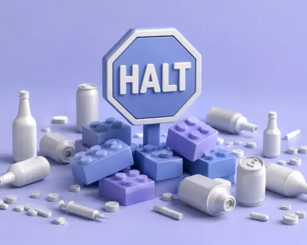Symbol "HALT" otoczony klockami i przedmiotami kojarzonymi z nałogami, jak butelki, puszki, tabletki i strzykawka. Program halt przykłady.
