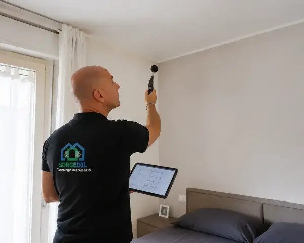 Tecnico con fonometro e tablet esegue misurazioni per insonorizzare una stanza, analizzando l'acustica.