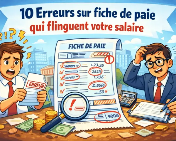 Deux hommes paniqués devant une fiche de paie pleine d'erreurs. Une illustration qui rappelle l'importance de vérifier son salaire, surtout en ce 1er mai, jour de travail pour certains.