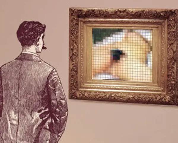 Un homme regarde un tableau encadré, une scène floue et pixélisée évoquant le sommeil de Courbet.