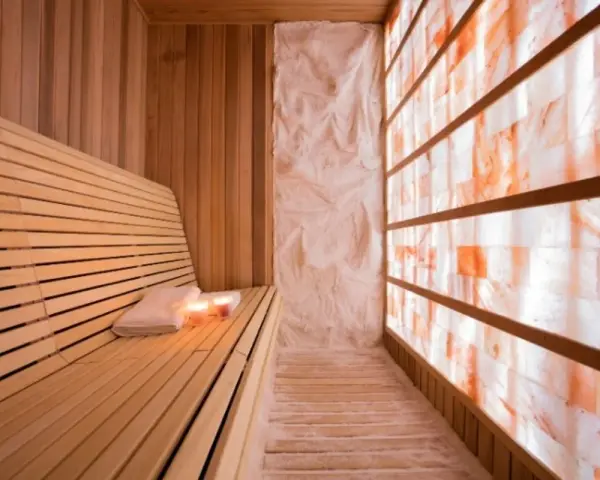 A serene salt sauna with a wooden bench, towels, candles, and a wall of glowing Himalayan salt bricks.