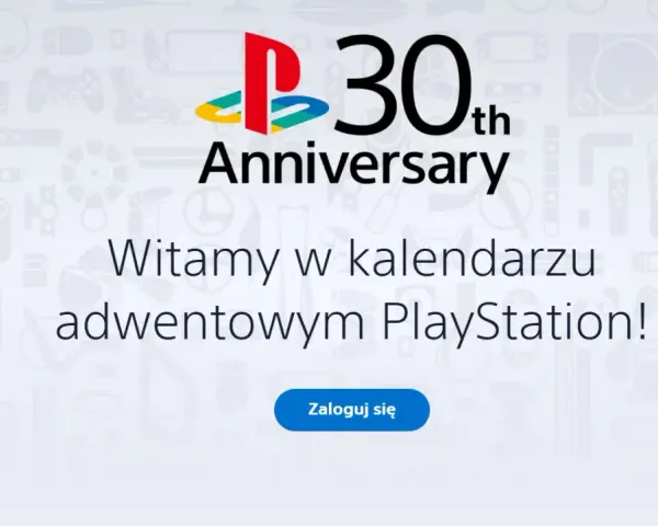 Logo PlayStation 30th Anniversary i tekst "Witamy w kalendarzu adwentowym PlayStation!".