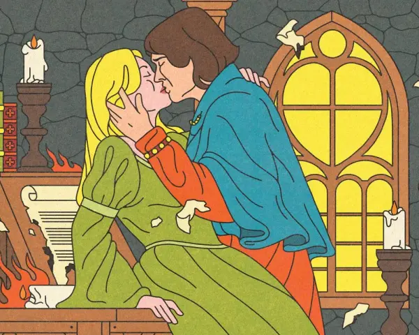 Un baiser passionné entre Héloïse et Abélard, dans une bibliothèque embrasée par la passion et le savoir.