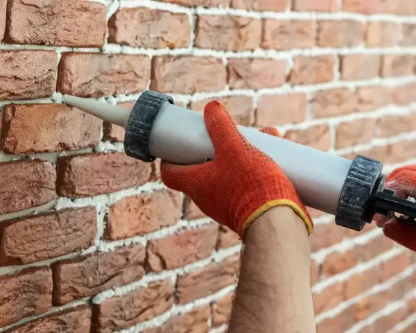Ręce w pomarańczowych rękawiczkach używają pistoletu do fugowania, by wypełnić ubytki w ceglanej ścianie.