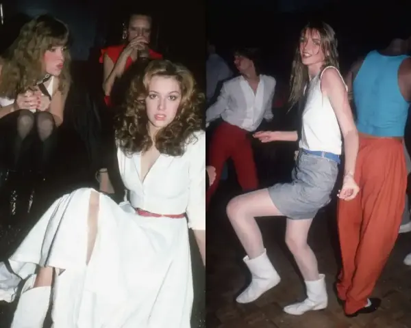 Impreza w stylu lat 80. Kobiety w białych sukienkach i spódniczkach, gotowe do tańca.