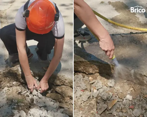 Preparando el área para reparar suelo de hormigón exterior. Se retiran escombros y se humedece la zona.