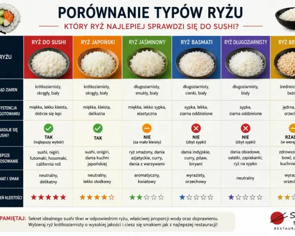 Jaki ryż do sushi? Porównanie typów ryżu: krótkoziarnisty, japoński, jaśminowy, basmati, długoziarnisty, brązowy. Idealny do sushi jest ryż krótkoziarnisty.