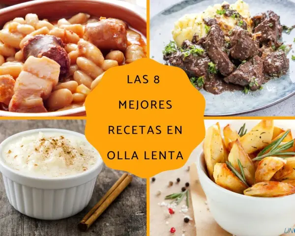 Collage de cuatro platos: judías con chorizo, estofado de carne, arroz con leche y patatas asadas.