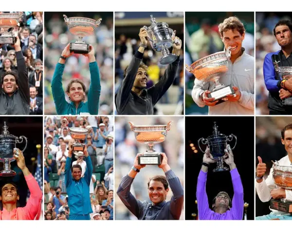 Rafael Nadal, un verdadero campeón de Grand Slam, celebra sus victorias con trofeos icónicos.