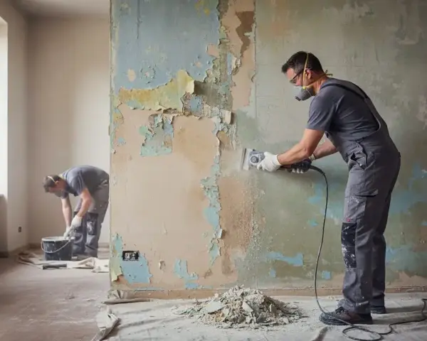 Operai in azione per la rasatura del muro, rimuovendo la vecchia pittura scrostata con attrezzi specifici.
