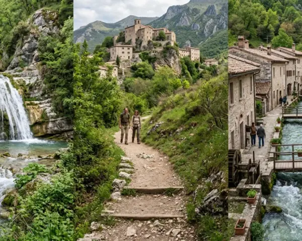 Cascate del Menotre: un sentiero panoramico porta a cascate spettacolari e a un borgo medievale con un ruscello che scorre tra le case.