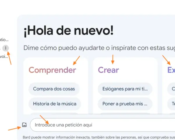 Bard, tu asistente IA, te da la bienvenida. Pide ayuda para comprender, crear o explorar.