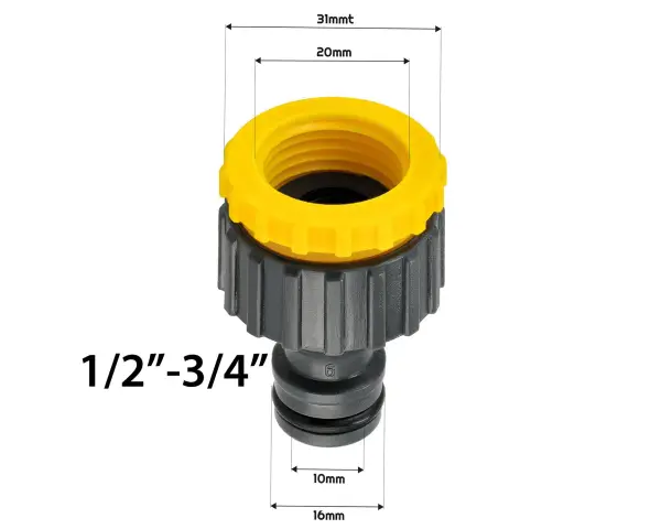 Złączka do węża ogrodowego 1/2"-3/4" z żółtą nakrętką. Ułatwia podłączenie szlaufa do kranu.