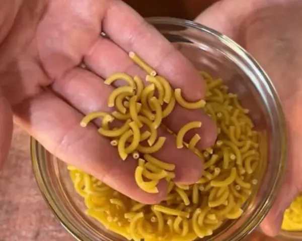 Mano sosteniendo fideos cortos y curvos sobre un bol de fideos similares.
