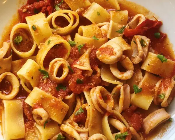 Pasta con calamares, un plato italiano lleno de sabor. Los calamares se mezclan con trozos de tomate y perejil fresco, creando una deliciosa combinación.