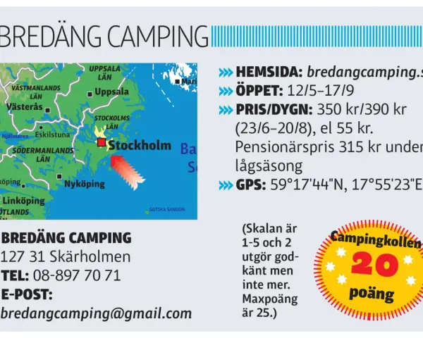 Bredäng Camping nära Stockholm. Information om öppettider, priser och GPS-koordinater. Telefon och e-post finns också.