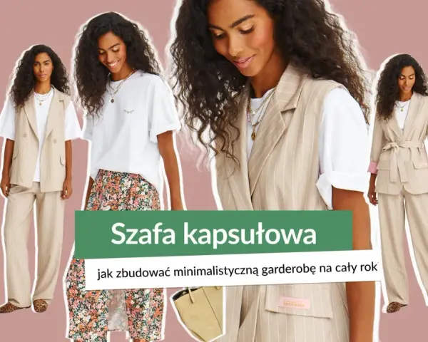 Szafa kapsułowa: minimalistyczna garderoba na cały rok. Modelka prezentuje beżowy garnitur w paski, kamizelkę i sukienkę.