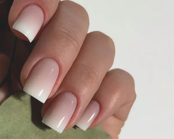 Mano con unghie curate e un effetto sfumato bianco e rosa, un esempio di nail art semplici ed eleganti.