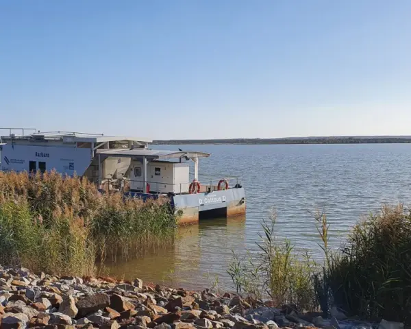 Ein Katamaran namens "Barbara" liegt am Ufer des Schlabendorfer Sees, umgeben von Schilf und Steinen.