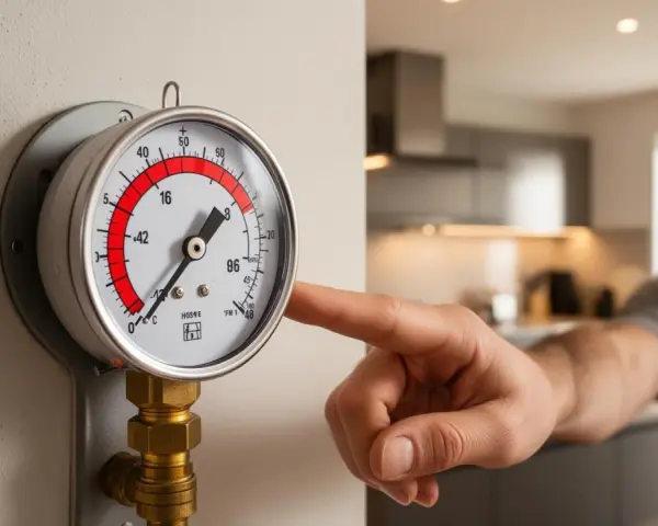 Un technicien vérifie un manomètre indiquant une baisse de pression de la chaudière, sans fuite visible.