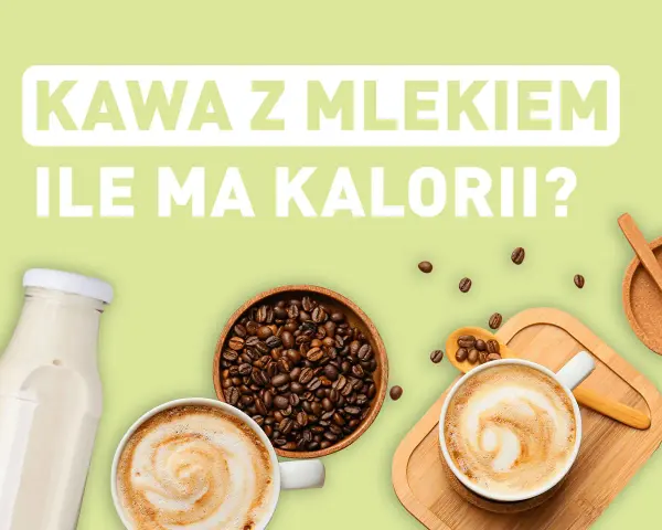Kawa z mlekiem: ile ma kalorii? Na zdjęciu widzimy składniki do przygotowania pysznego napoju: ziarna kawy, mleko w butelce i dwie filiżanki kawy z pianką.