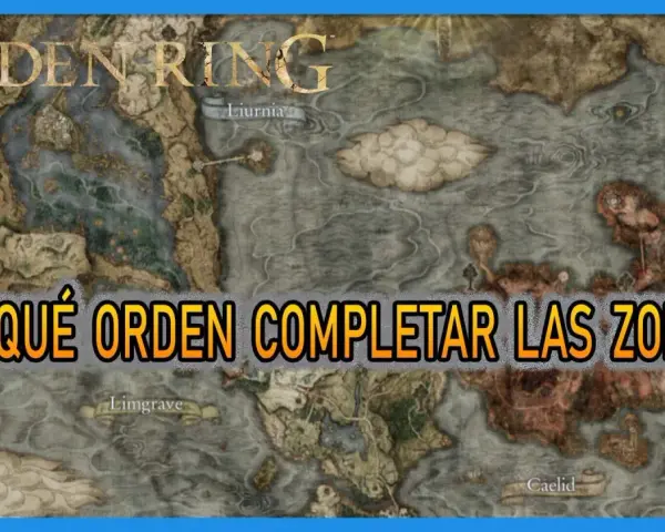 Mapa de Elden Ring con la pregunta "¿En qué orden completar las zonas?". Se ven Limgrave, Liurnia y Caelid.