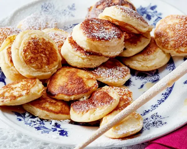 Ein Teller voller goldbrauner Poffertjes, bestäubt mit Puderzucker. Dieses Poffertjes Rezept ist ein Genuss!
