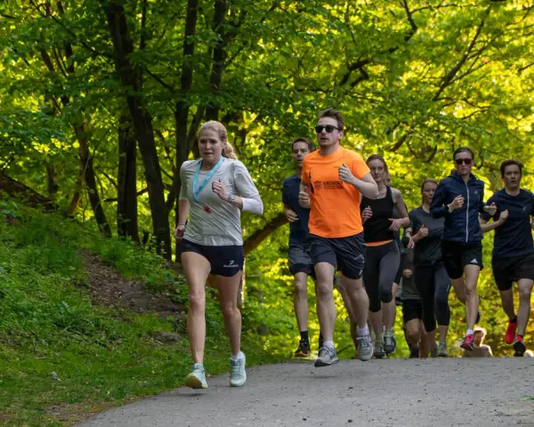 En grupp löpare tränar för en marathon distans i en grönskande park.