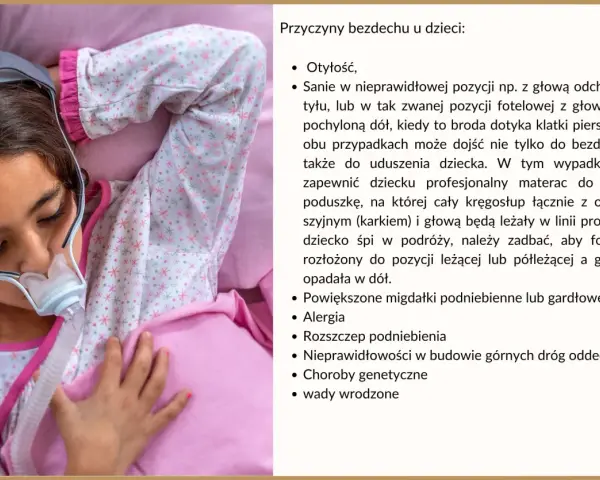 Dziecko z maską CPAP, które może mieć bezdech. Na ekranie lista przyczyn bezdechu u dziecka.
