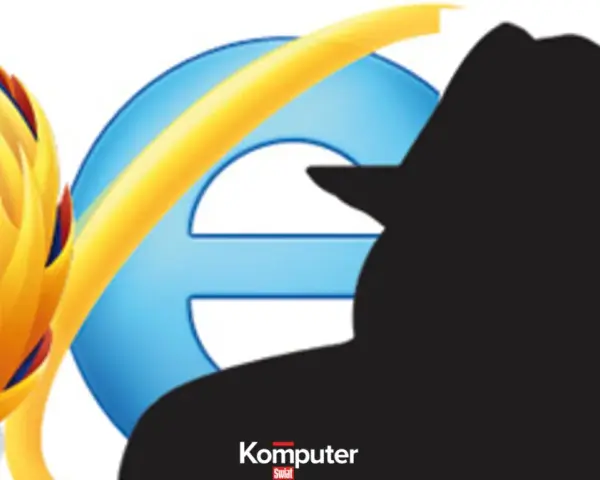 Sylwetka detektywa na tle ikon przeglądarek Firefox, Internet Explorer i Chrome. Czas włączyć tryb incognito.