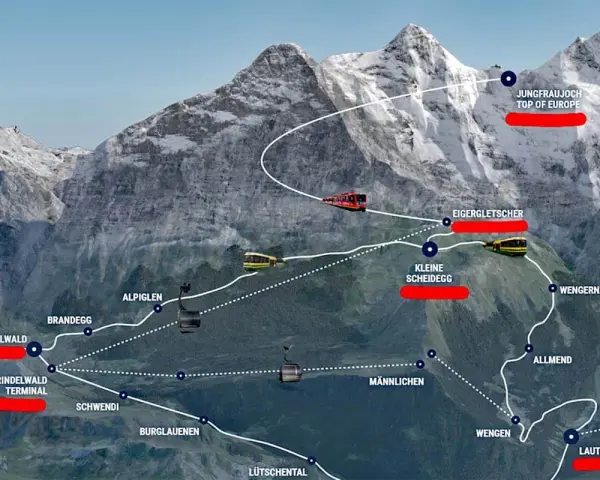 Map showing the scenic route from Wengen to Jungfraujoch, the Top of Europe, with trains and cable cars traversing snowy peaks.