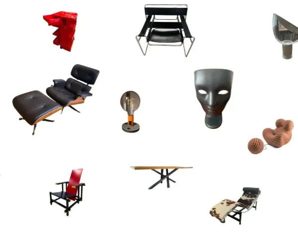 Collezione di iconici oggetti di design famosi: lampada arco, sedia Eames, maschera, poltrona, macchina da scrivere e altro ancora.