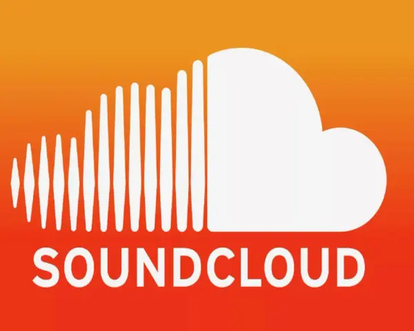 Soundcloud Musik: Das Logo mit dem stilisierten Schallwellen-Cloud-Symbol und dem Schriftzug "SOUNDCLOUD" auf einem orangen Hintergrund.