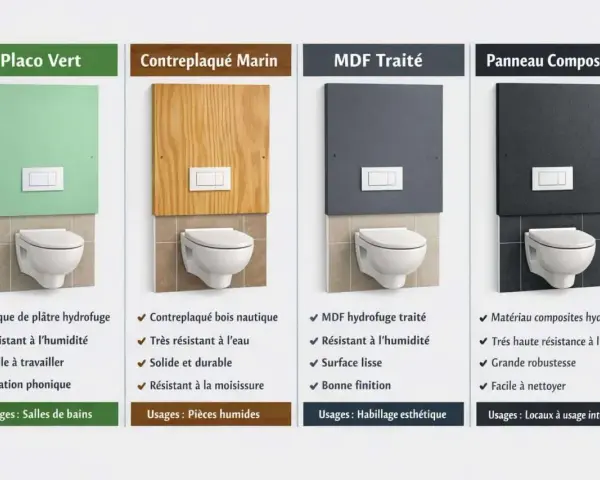 Comparaison de matériaux pour installer un WC suspendu : Placo Vert, Contreplaqué Marin, MDF Traité, Panneau Composite.