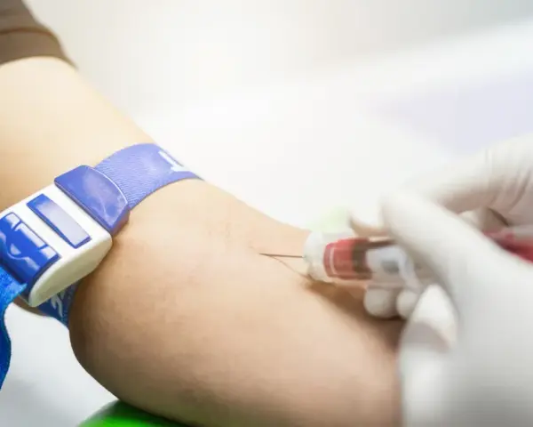 Pobieranie krwi do badań, w tym APTT. Ręka z opaską uciskową, igła i probówka.