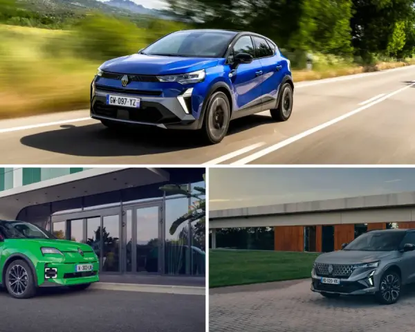Trzy różne **Renault modele**: niebieski SUV na drodze, zielony kompaktowy samochód przed budynkiem i szary SUV na podjeździe.
