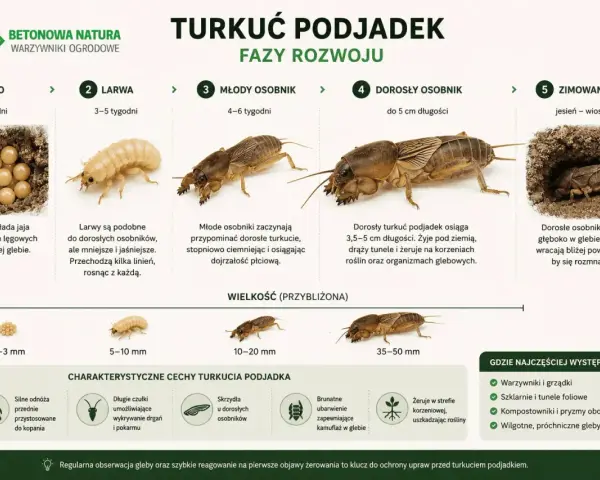 Turkuć podjadek: od jaja do dorosłego osobnika. Dorosły ma 3,5-5 cm, żyje pod ziemią, drąży tunele i żeruje na korzeniach.