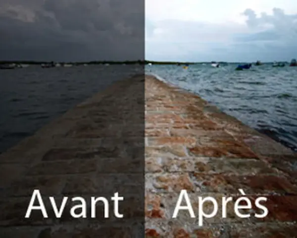 Avant/Après : un quai en pierre sombre et un quai lumineux avec des bateaux. Un exemple de retouche avec GIMP français.