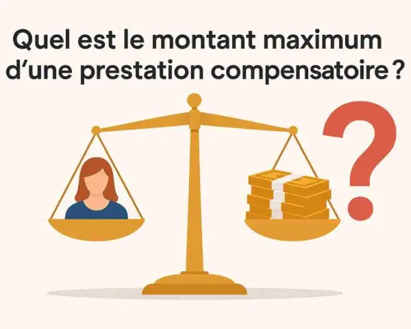 Une balance pèse une personne et des liasses de billets. La question porte sur le montant prestation compensatoire.