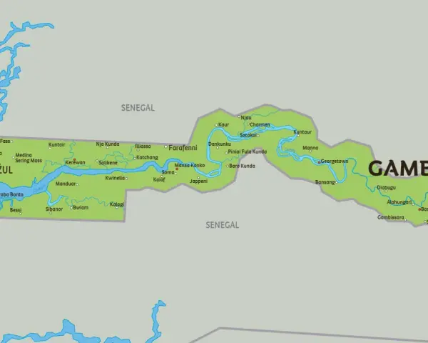 Mapa Gambii z zaznaczonymi miastami i rzeką. Planujesz podróż? Sprawdź, gdzie znajduje się **Gambia wiza** i jakie miejsca warto odwiedzić.