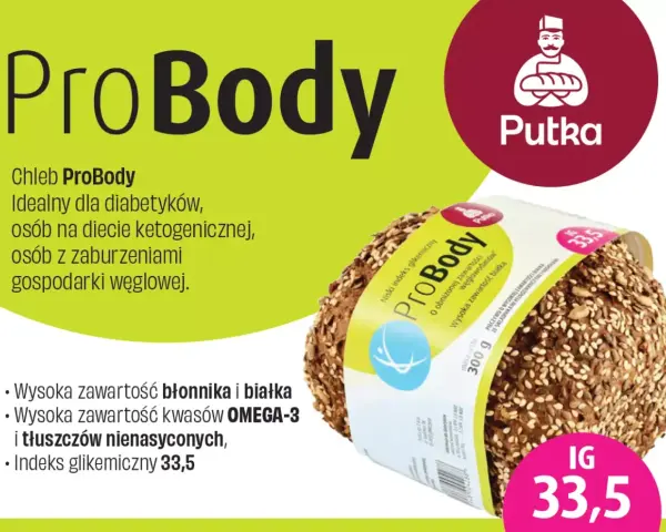 Chleb ProBody z niskim indeksem glikemicznym 33,5, bogaty w błonnik i białko, idealny dla diabetyków.
